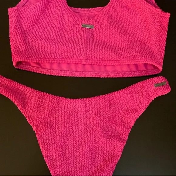 Billabong Summer High Crop Tank Crinkle Ribbed Hike Bikini Set Bubblegum Pink